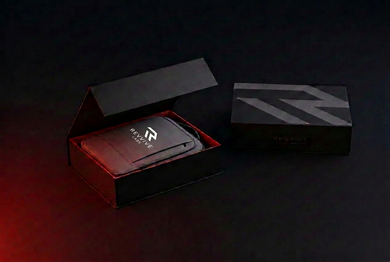Revvive Labs magnetic box open with the travel backpack packed inside its red interior, next to the closed box with the R pattern