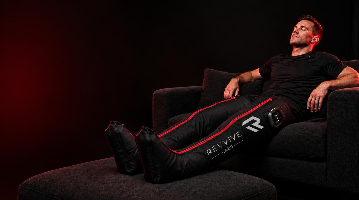 Athlete recovering in Revvive Labs Pro Recovery Boots